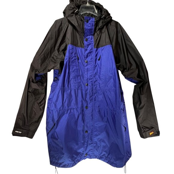 Vtg REI Gore-Tex Hooded Jacket Black Blue Waterproof Mesh Lining Pockets Mens L - Picture 1 of 16
